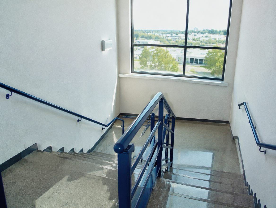 Frisch gereinigtes, helles Treppenhaus mit Geländer